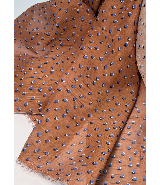 deadstock Roest en blauwe stippen - mooie chiffon met een draadje lurex