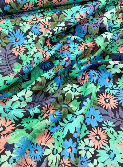 Bittoun groen/blauw/peach bloemen -  viscose linnen
