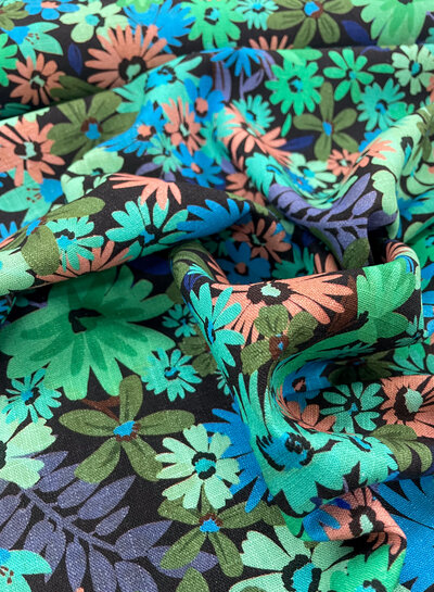 Bittoun groen/blauw/peach bloemen -  viscose linnen