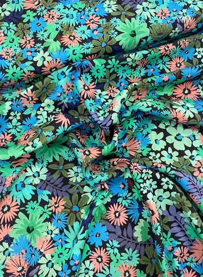 Bittoun green/blue/peach flowers - viscose linen