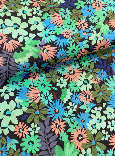 Bittoun green/blue/peach flowers - viscose linen