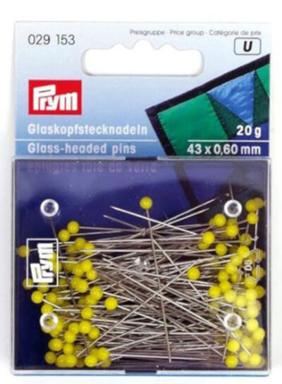 Yellow glass head pins - 43mm length 0.60mm diameter (20g)