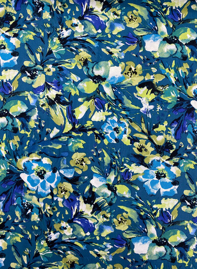 M. beautiful flower field on petrol blue background - woven viscose