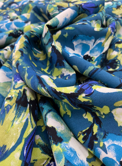 M. beautiful flower field on petrol blue background - woven viscose