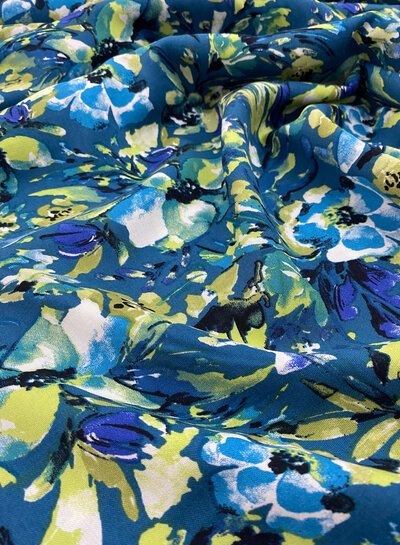 M. beautiful flower field on petrol blue background - woven viscose