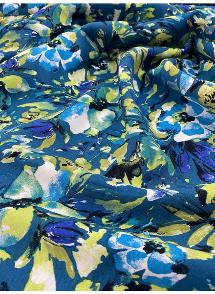 M. beautiful flower field on petrol blue background - woven viscose