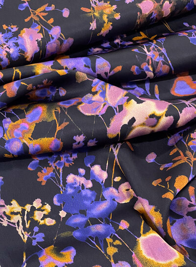 M. lilac and black - beautiful flowers on satin viscose