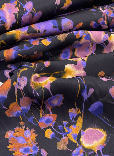 M. lilac and black - beautiful flowers on satin viscose