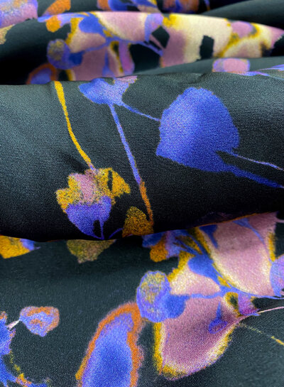 M. lilac and black - beautiful flowers on satin viscose