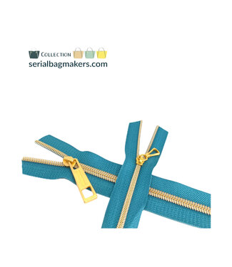 ZipperZoo spiraalrits teal met antiek goud spiraal #3 (excl. ritstrekkers)