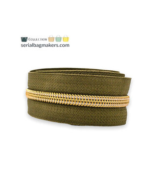 ZipperZoo spiraalrits army green  met goud spiraal #3 (excl. ritstrekkers)