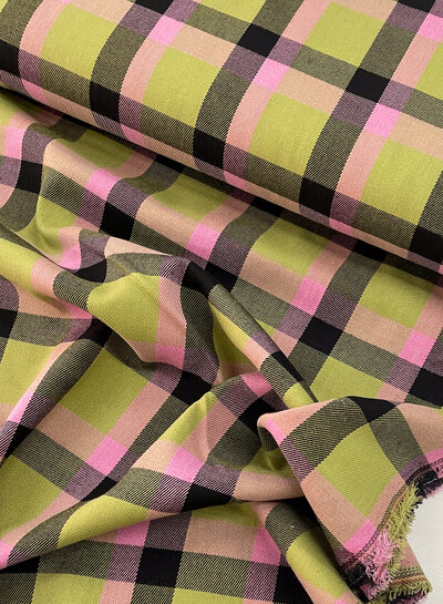 Bittoun checks green and pink - beautiful woven viscose blend with a little elastane.