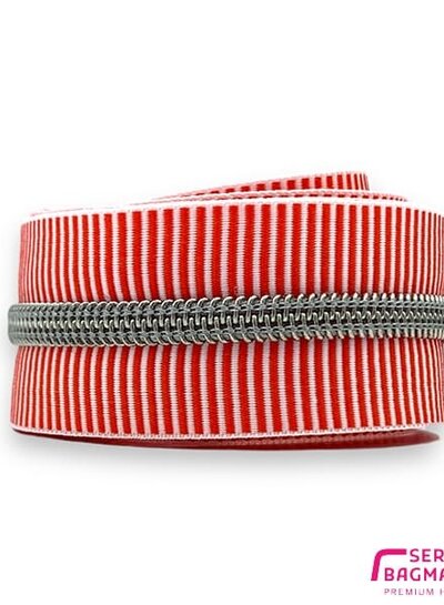 SBM spiral zipper ZEBRA red - white striped with SILVER spiral #5 (excl. zip pullers)