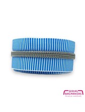 SBM spiral zipper ZEBRA sky blue - white striped with SILVER spiral #5 (excl. zip pulls)