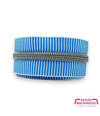 ZipperZoo spiral zipper ZEBRA sky blue - white striped with SILVER spiral #5 (excl. zip pulls)