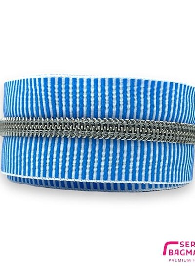 SBM spiral zipper ZEBRA sky blue - white striped with SILVER spiral #5 (excl. zip pulls)