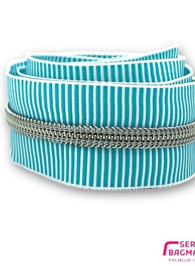 ZipperZoo spiral zipper ZEBRA mint - white striped with SILVER spiral #5 (excl. zip pulls)