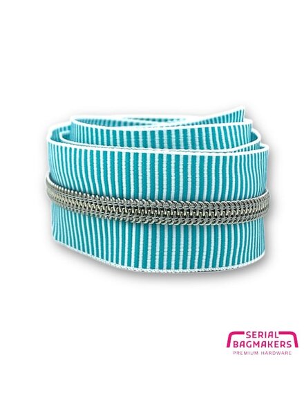ZipperZoo spiraalrits ZEBRA mint - wit gestreept met ZILVER spiraal #5 (excl. ritstrekkers)