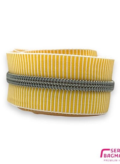 SBM spiral zipper ZEBRA gold yellow - white striped with SILVER spiral #5 (excl. zip pulls)