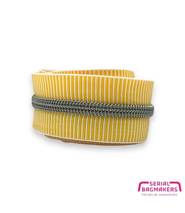 ZipperZoo spiraalrits ZEBRA goudgeel - wit gestreept met ZILVER spiraal #5 (excl. ritstrekkers)