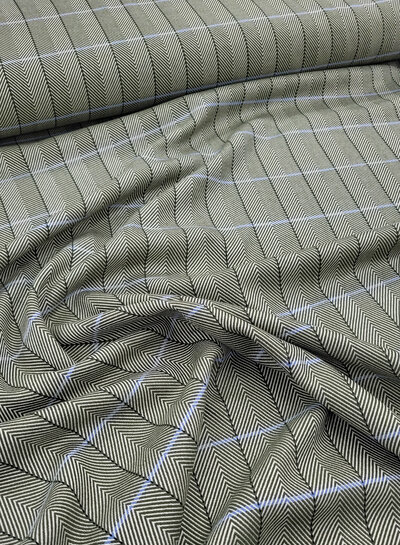 A la Ville Herringbone - groen met lichtblauw accent - geweven stof voor mantels, blazers of rokjes