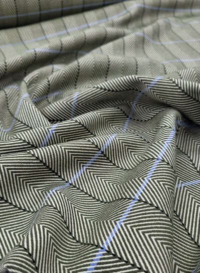 Knipmode herringbone motif - green with light blue accent - woven fabric for coats, blazers or skirts