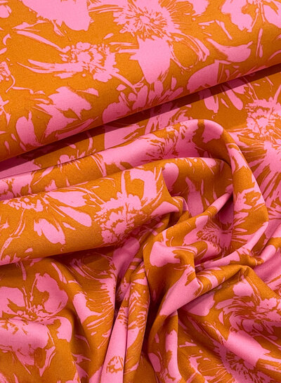 M. mosterd en roze bloemen- zachte viscose twill