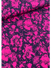 M. marineblauw en fuchsia bloemen- zachte viscose twill