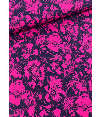 Madeline navy blue and fuchsia flowers - soft viscose twill
