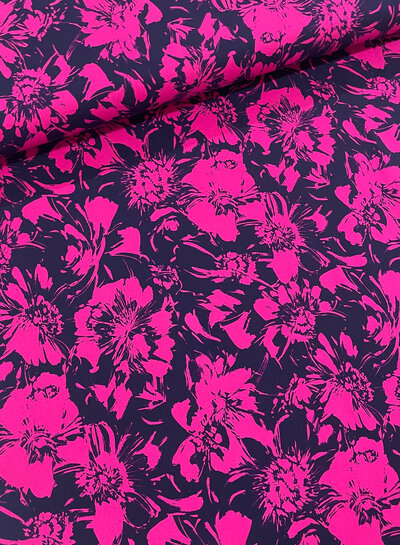 M. marineblauw en fuchsia bloemen- zachte viscose twill