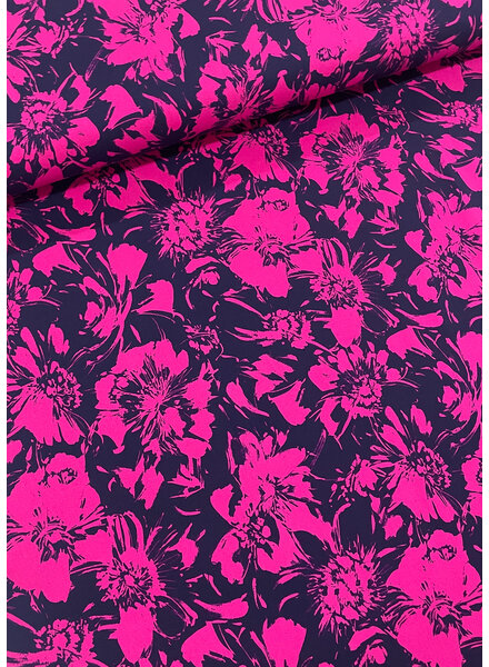 M. marineblauw en fuchsia bloemen- zachte viscose twill