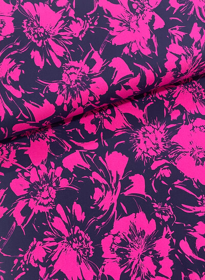 M. navy blue and fuchsia flowers - soft viscose twill