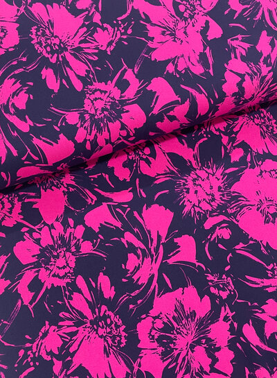 Madeline marineblauw en fuchsia bloemen- zachte viscose twill