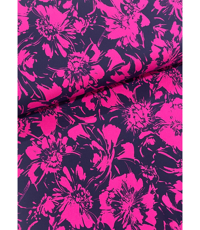 Madeline marineblauw en fuchsia bloemen- zachte viscose twill