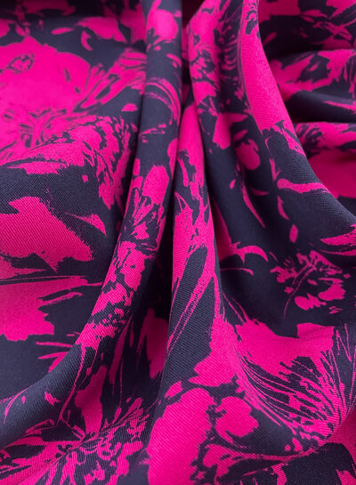Madeline navy blue and fuchsia flowers - soft viscose twill