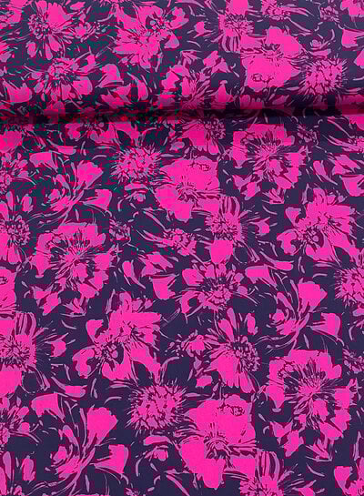 Madeline marineblauw en fuchsia bloemen- zachte viscose twill