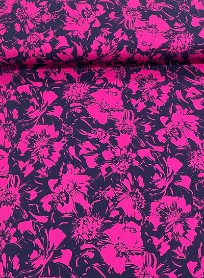 Madeline navy blue and fuchsia flowers - soft viscose twill