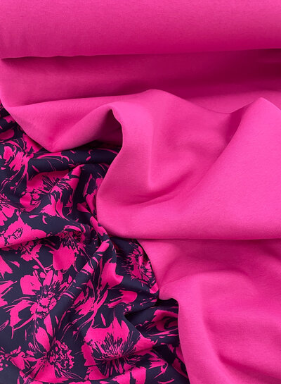 Madeline navy blue and fuchsia flowers - soft viscose twill