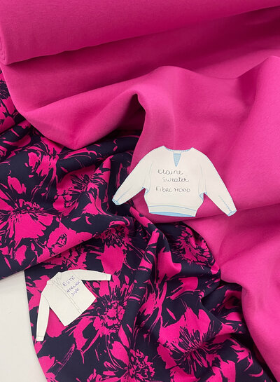 Madeline navy blue and fuchsia flowers - soft viscose twill