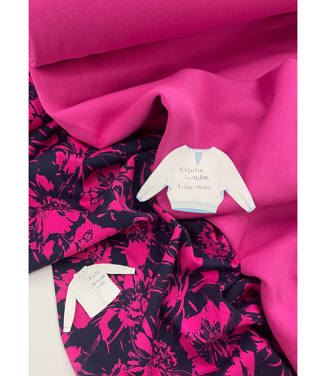 Madeline marineblauw en fuchsia bloemen- zachte viscose twill