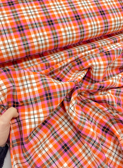 Madeline orange and fuchsia checks - softly woven double gauze cotton