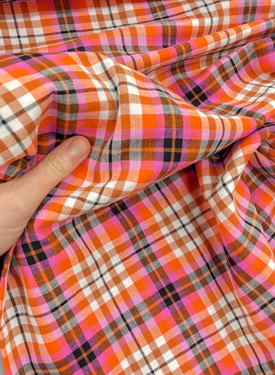 M. orange and fuchsia checks - softly woven double gauze cotton