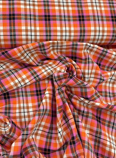 Madeline orange and fuchsia checks - softly woven double gauze cotton