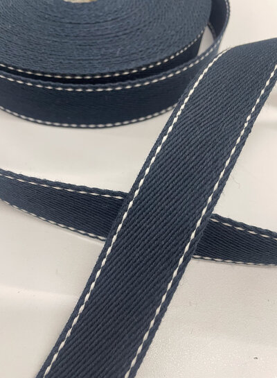 M. tassenband marineblauw met witte stiklijn - 35 mm
