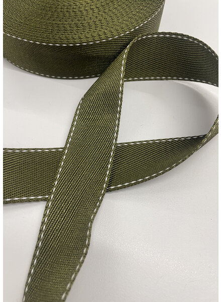 tassenband khaki met witte stiklijn - 35 mm
