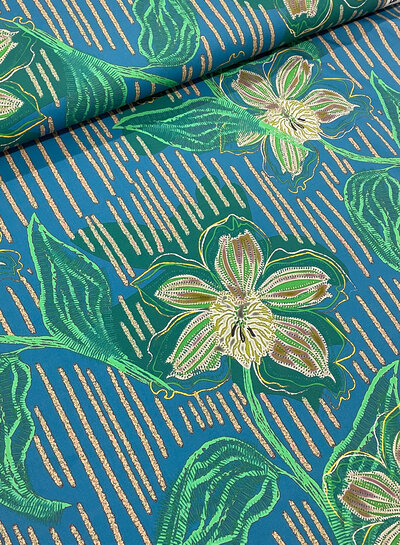 Marylene Madou ferns and flowers blue - beautiful print on 100% cotton