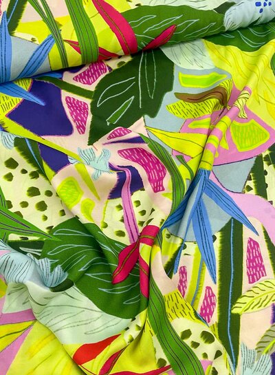 Marylene Madou jungle met neon roze en geel - prachtige Italiaanse viscose