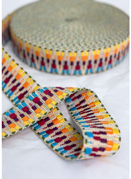 Etnic tassenband blauw/rood/geel 38mm