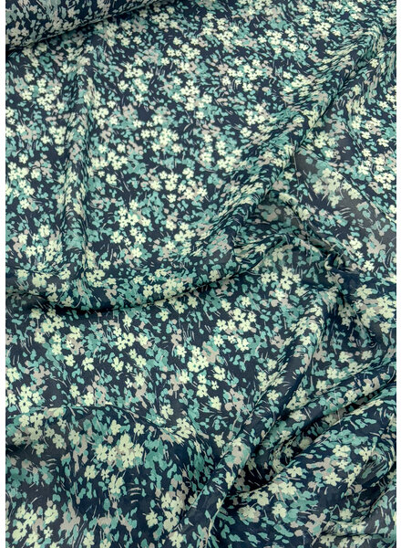 deadstock petrol colored flowers on navy blue voile