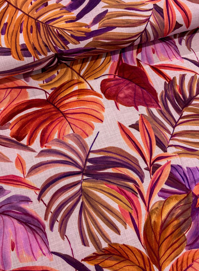 Madeline painted leaves roze - prachtige viscose linnen blend